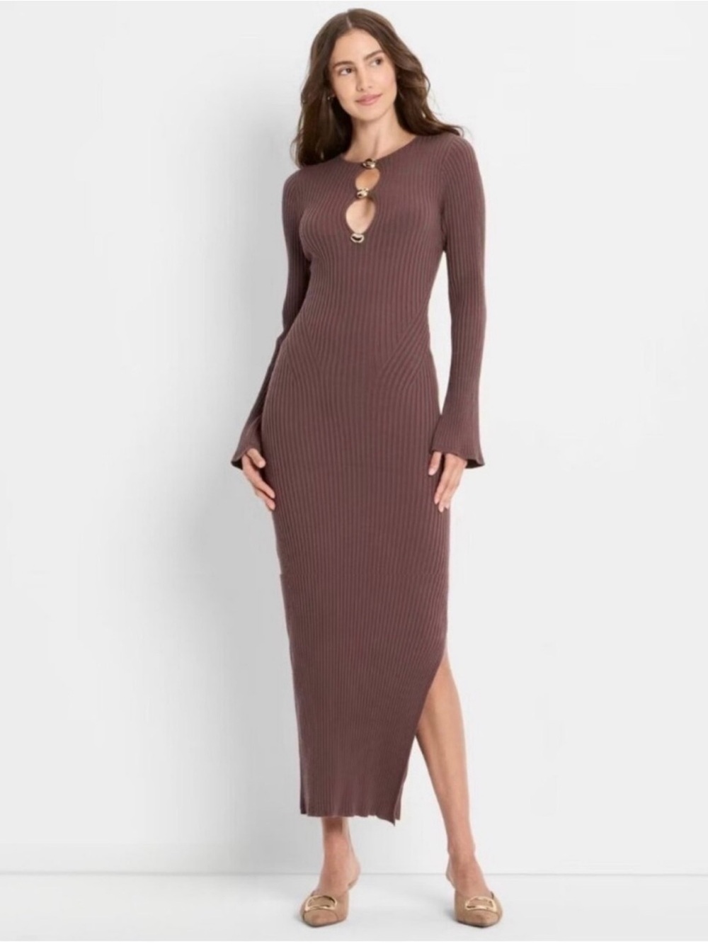 Future Collective Womens Ribbed Maxi Dress Long Sleeve Ribbed Knit Nylon Brown S